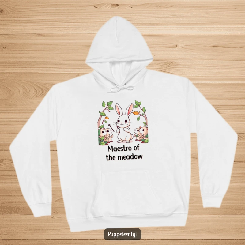 Funny hoodie featuring a determined rabbit maestro guiding a delightful ensemble of leaf puppets with a tiny baton.