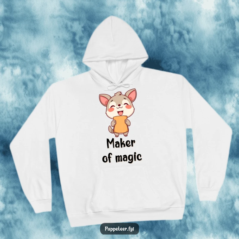 Funny Hoodie: A delighted animal with a proud grin proudly presents a finished puppet, radiating creative fulfillment.