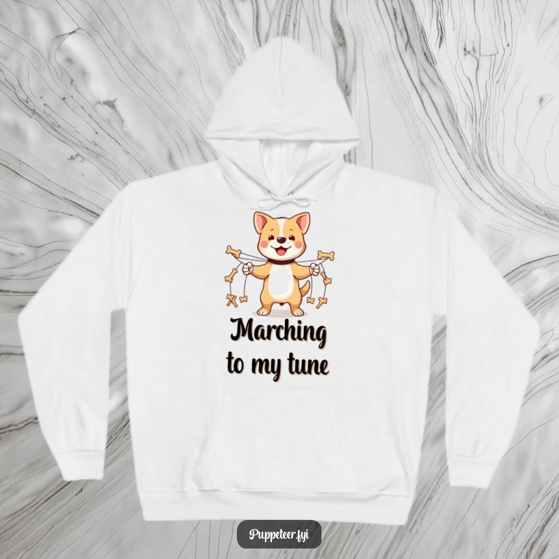 Funny proud dog hoodie with multiple strings making tiny bone-shaped puppets march, offering warm, commanding style.