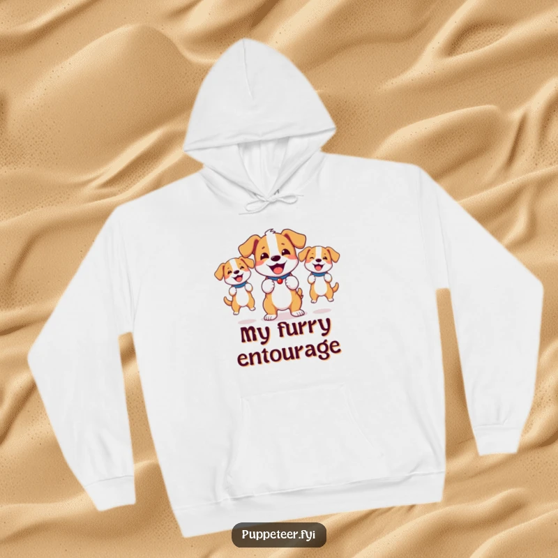 Funny hoodie with a bouncy dog joyfully directing two energetic dog puppets, symbolizing pure fun.