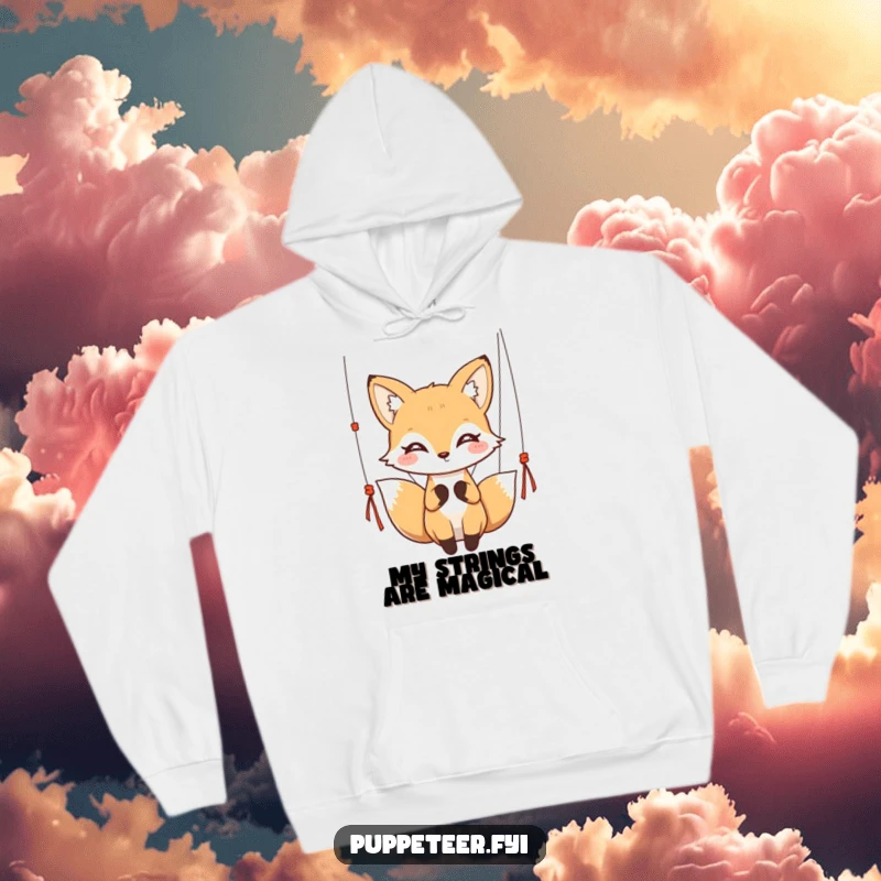 Funny kawaii fox with twinkling eyes gracefully holding puppet strings on a cozy hoodie, great for a funny gift.