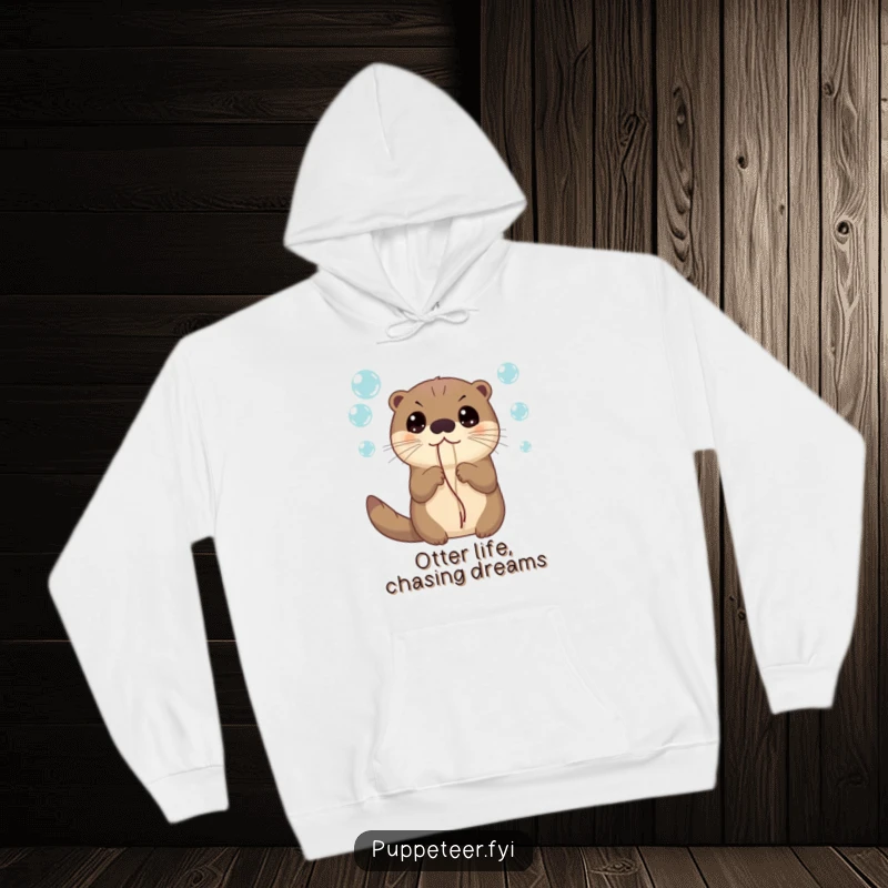 Funny, warm hoodie featuring a curious otter with wide eyes, holding strings connected to delightful bubbles, perfect for cozy exploration.