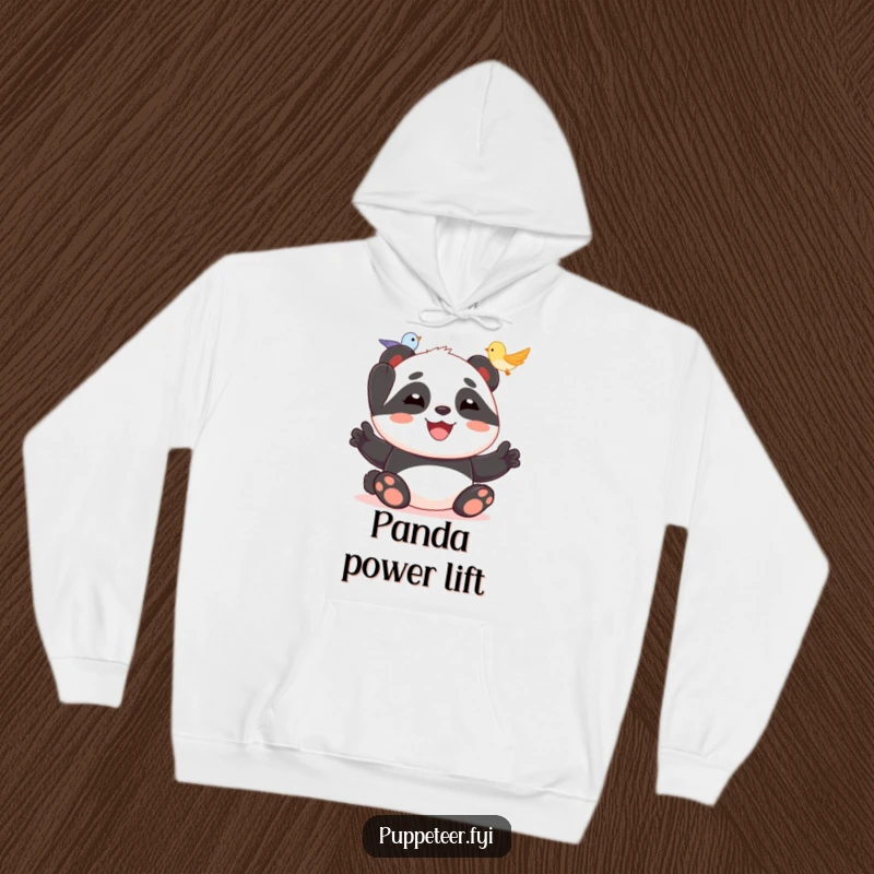Funny and warm hoodie featuring a joyful panda making a tiny bird puppet fly, perfect for spreading happiness.