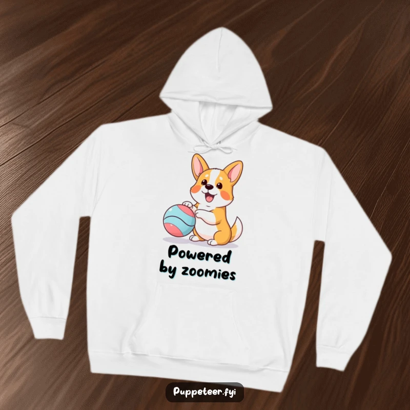 Funny and cozy hoodie featuring an excited corgi enthusiastically manipulating a bouncing ball puppet, perfect for dog lovers.