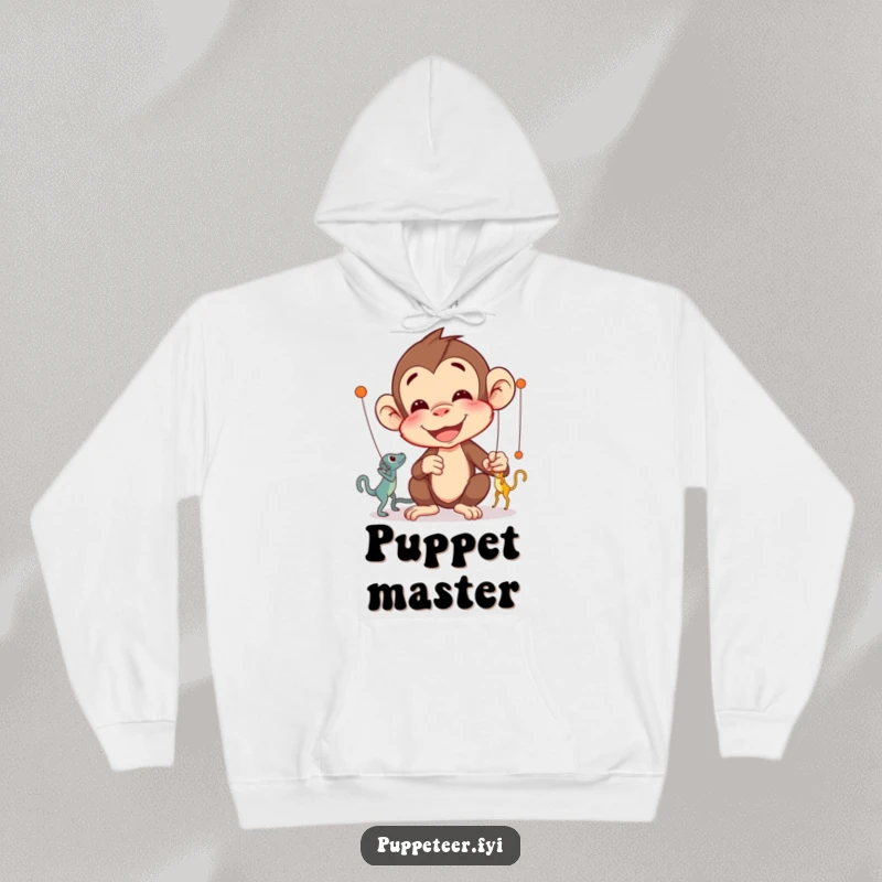 Funny Monkey Puppet Master Hoodie featuring a delighted monkey concentrating on intricate puppet movements, a humorous and cozy gift.