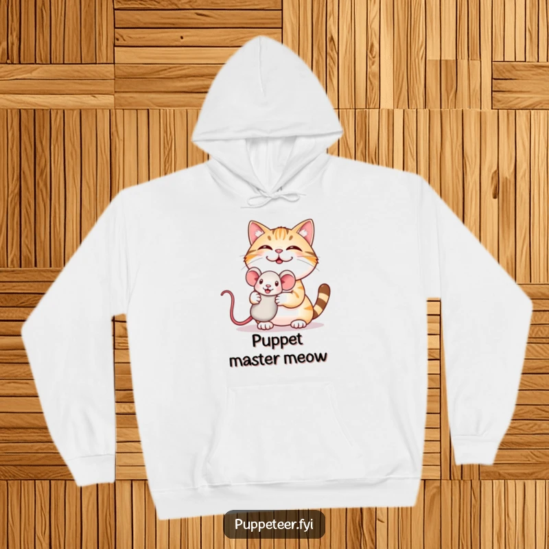 Funny hoodie with a giggling cat proudly displaying a mouse puppet, perfect for staying warm and amused.