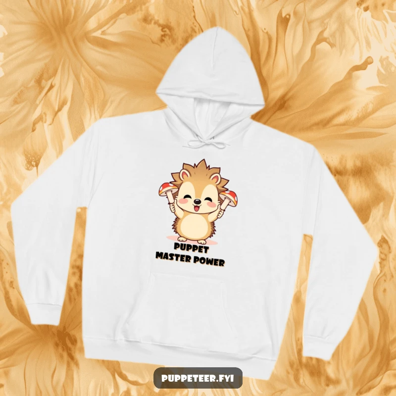Funny hoodie featuring a playful hedgehog controlling charming, giggling mushroom puppets, embodying forest fun.