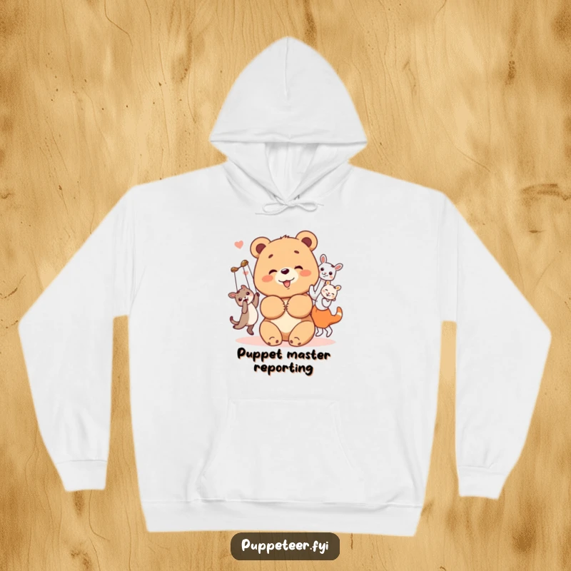Funny bear cub hoodie showing a cheerful bear cub bowing with its happy, dancing animal puppets, a warm and humorous garment.