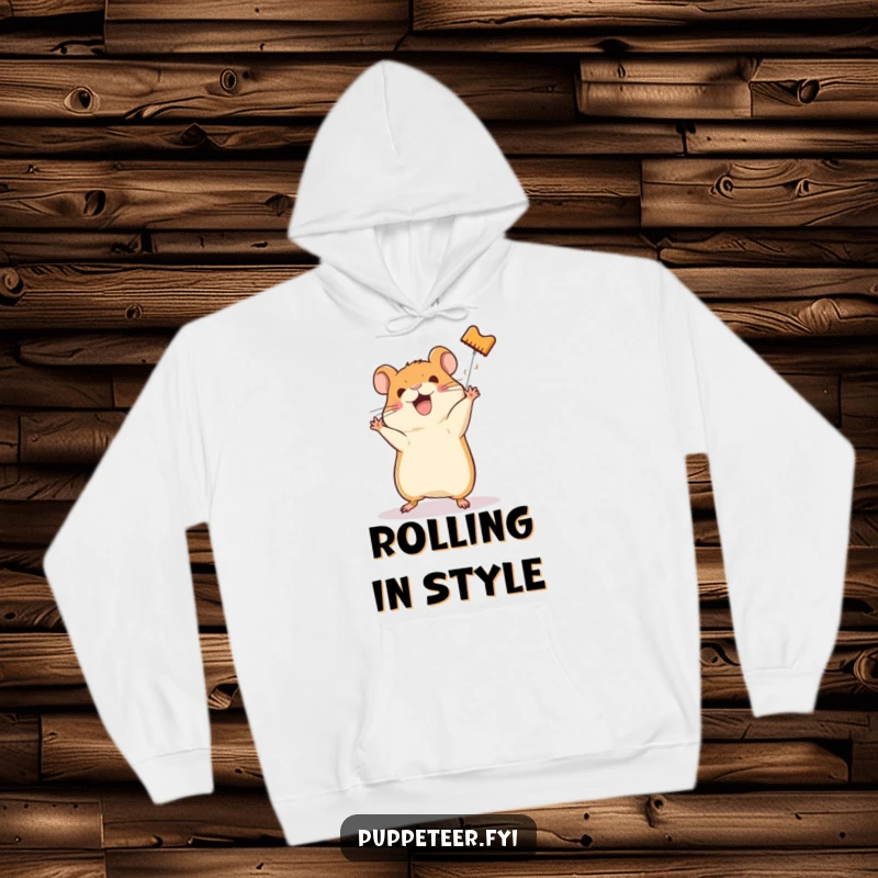 Funny hoodie art showing a happy hamster teaching a hamster puppet a somersault, radiating warmth and humor.