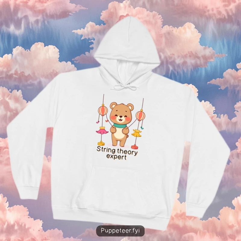Funny hoodie featuring a smiling bear character manipulating three colorful strings connected to dancing puppets, a warm and witty design.