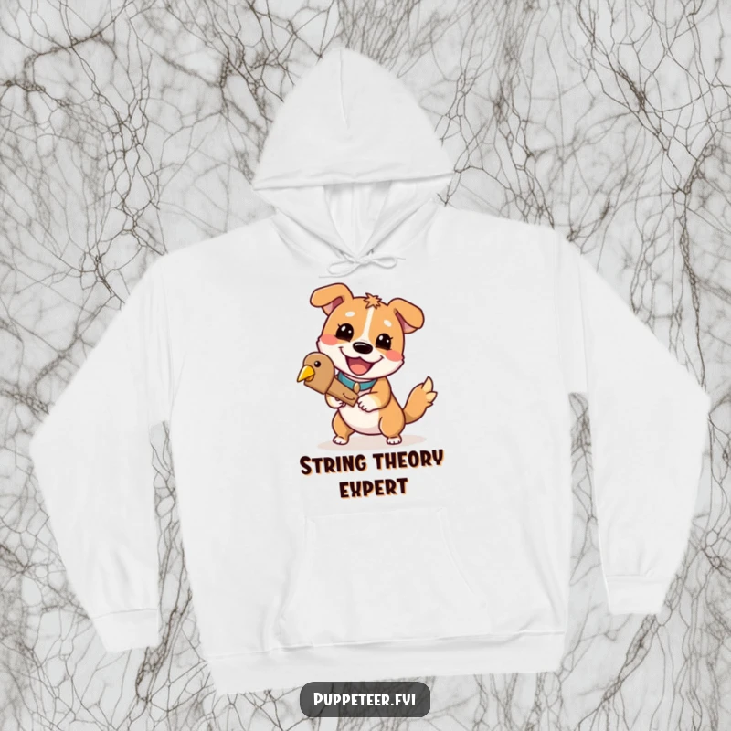 Funny dog hoodie: a playful dog with a cheerful grin is a puppet master controlling a wooden bird with hilarious skill.