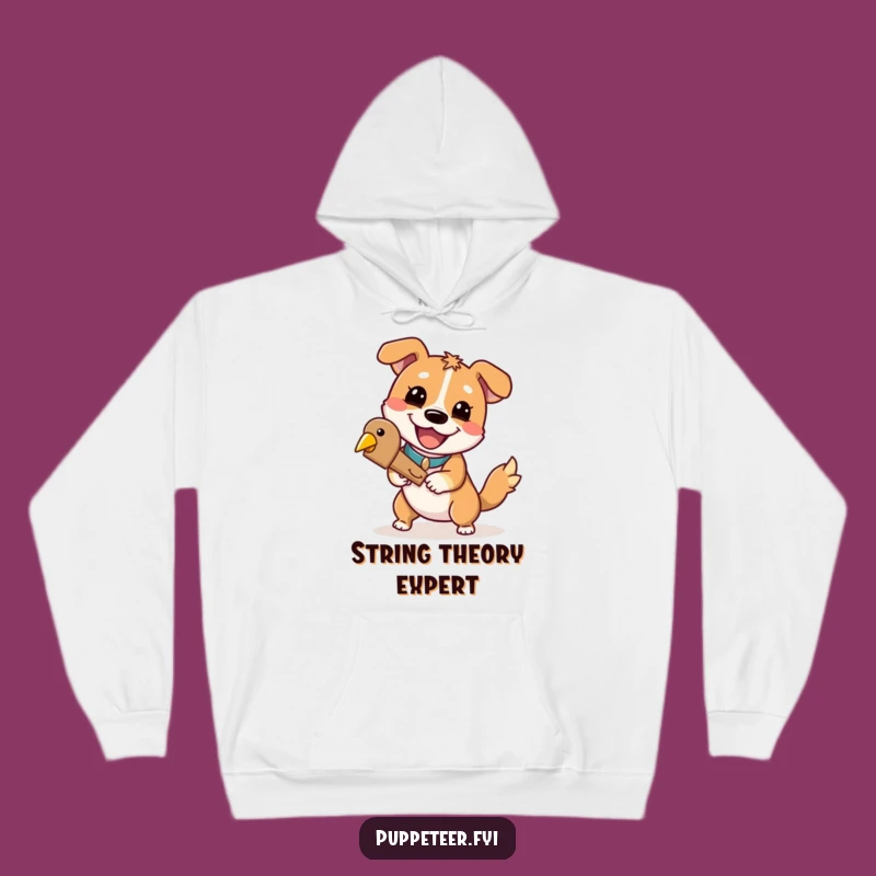 Cozy Funny Dog Puppet Master Hoodie: Cheerful Grin Dog, Wooden Bird Control, Ultimate Funny Gift