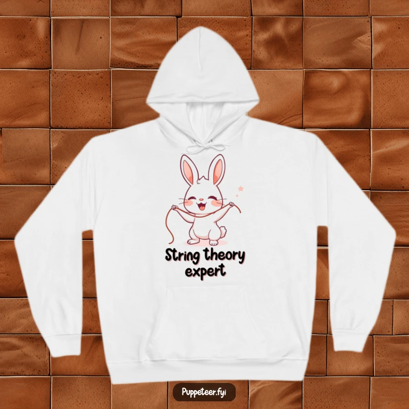 Funny Rabbit Puppet Master Hoodie featuring a delighted cute character expertly handling strings, perfect for a humorous and warm gift.
