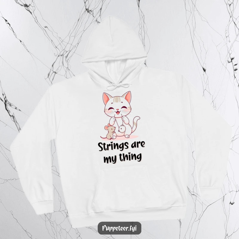 Funny cat hoodie with a happy cat manipulating strings, making a small mouse toy jump, offering warm, playful comfort.