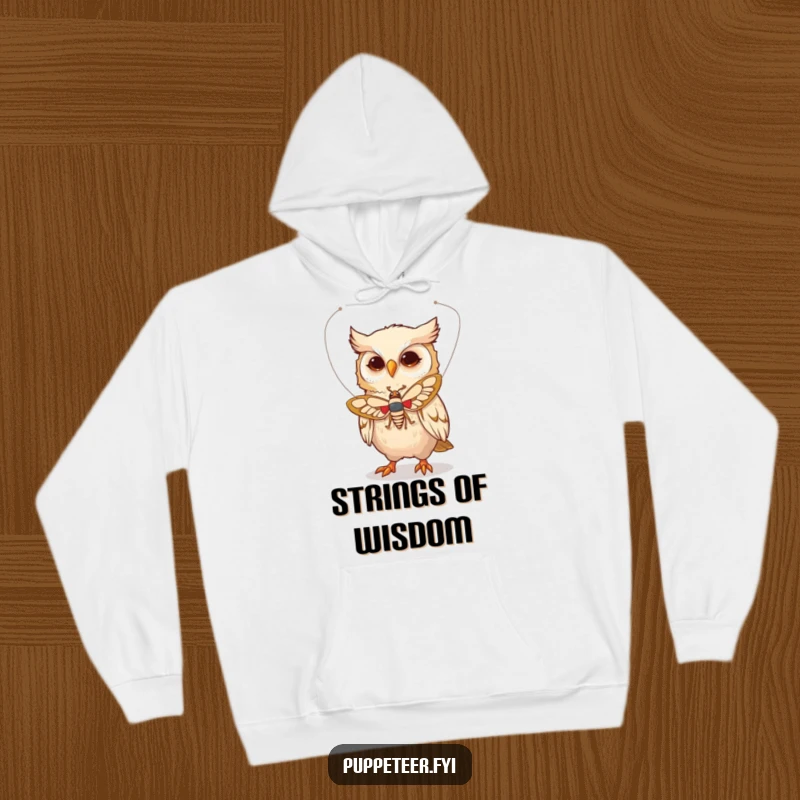Funny hoodie depicting a whimsical owl character skillfully controlling a moth puppet with delicate strings, suggesting enchanting flight.