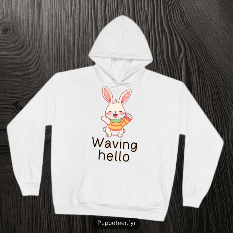 Funny Hoodie with a giggling rabbit and an enthusiastically waving sock puppet, designed for cozy comfort and infectious humor.