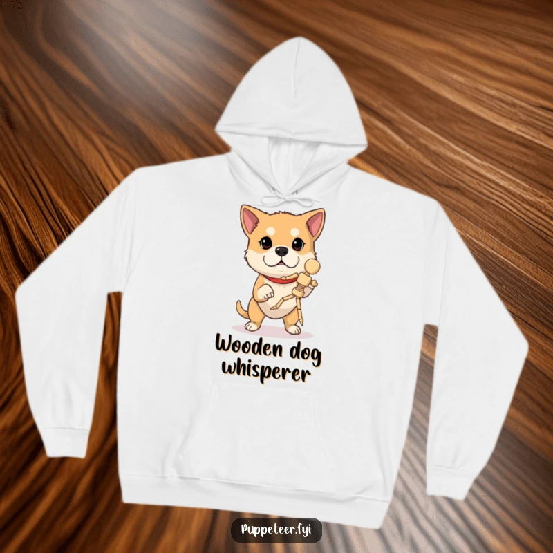 Funny dog hoodie: a determined dog concentrates deeply, making a wooden marionette execute a jump with incredible focus.