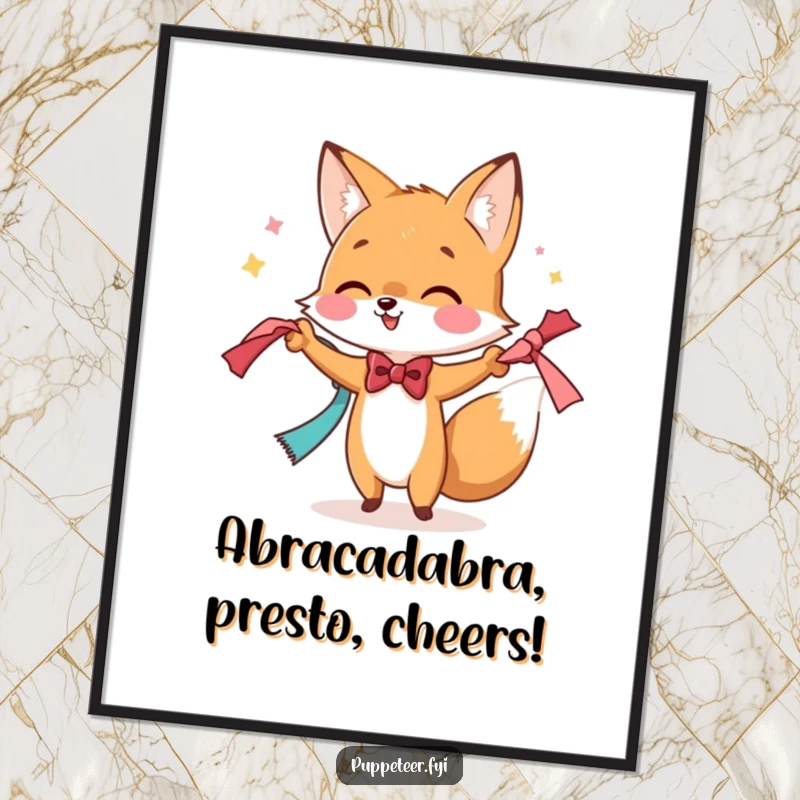 Free Printable Fox Wall Art: A playful fox character in a bowtie performing a magic trick with floating scarves, funny downloadable decor.