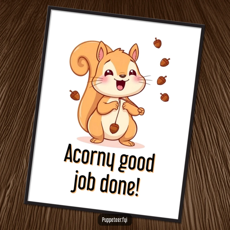 Funny Free Printable Wall Art: A cheerful squirrel masterfully makes tiny acorns fly with puppet strings.