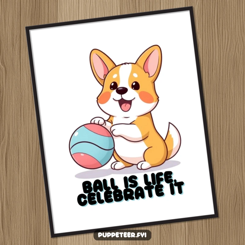 Funny Free Printable Wall Art: Curious corgi energetically wagging its tail, skillfully manipulating a bright bouncing ball puppet.