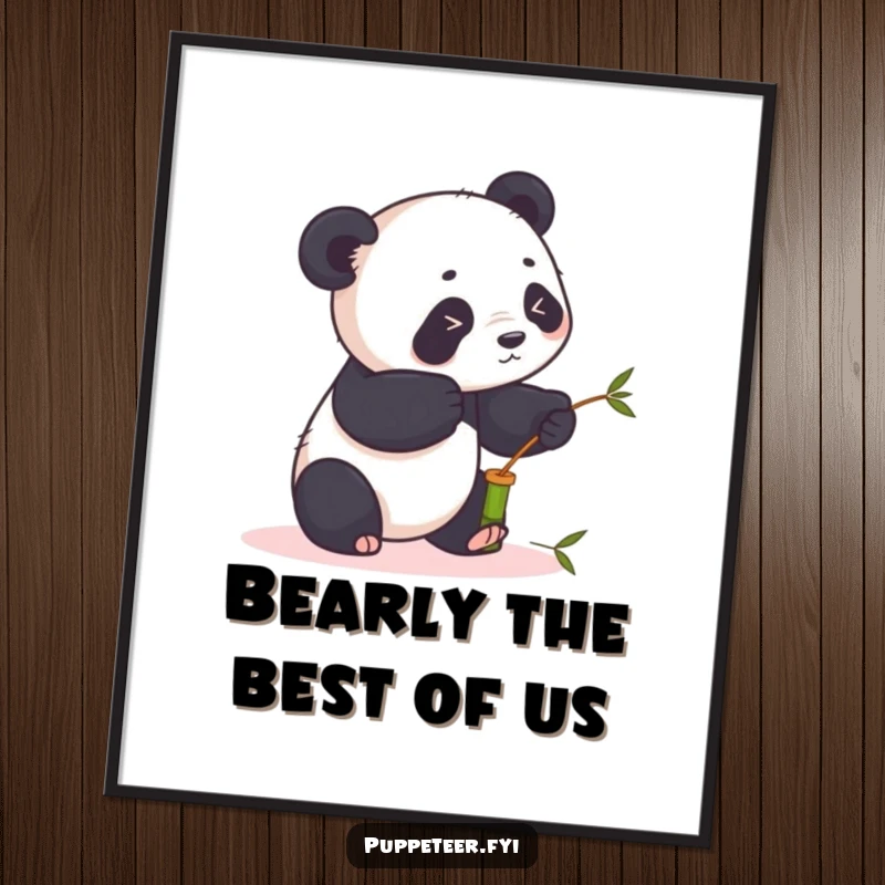 Funny Free Printable Panda Wall Art: Playful panda uses sticks to animate a bamboo puppet, creating art.