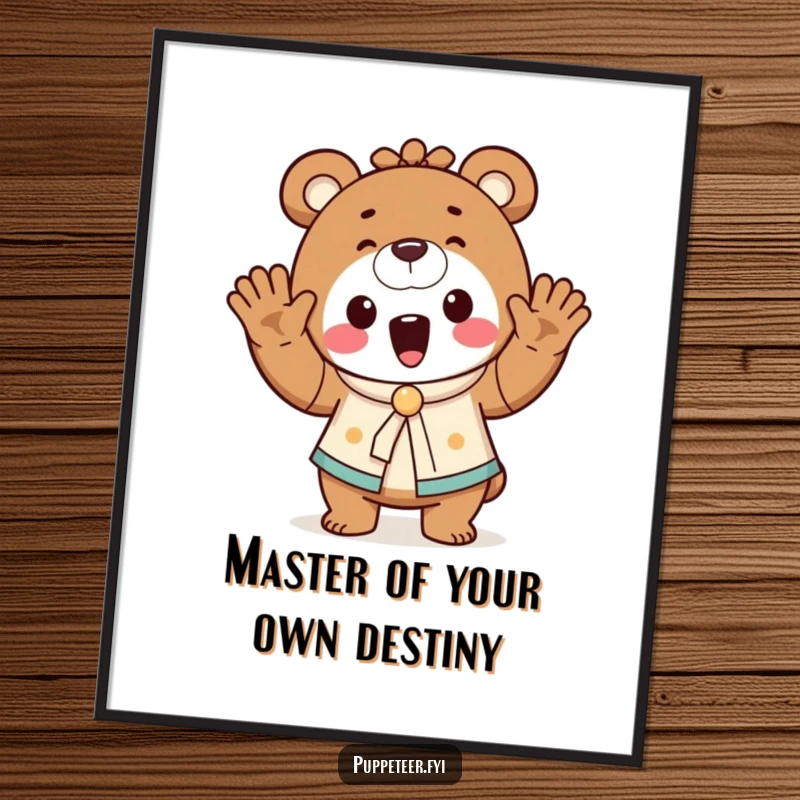 Funny Free Printable Wall Art: A cheerful bear puppet master waves its hands, magically making a tiny puppet dance with delight.