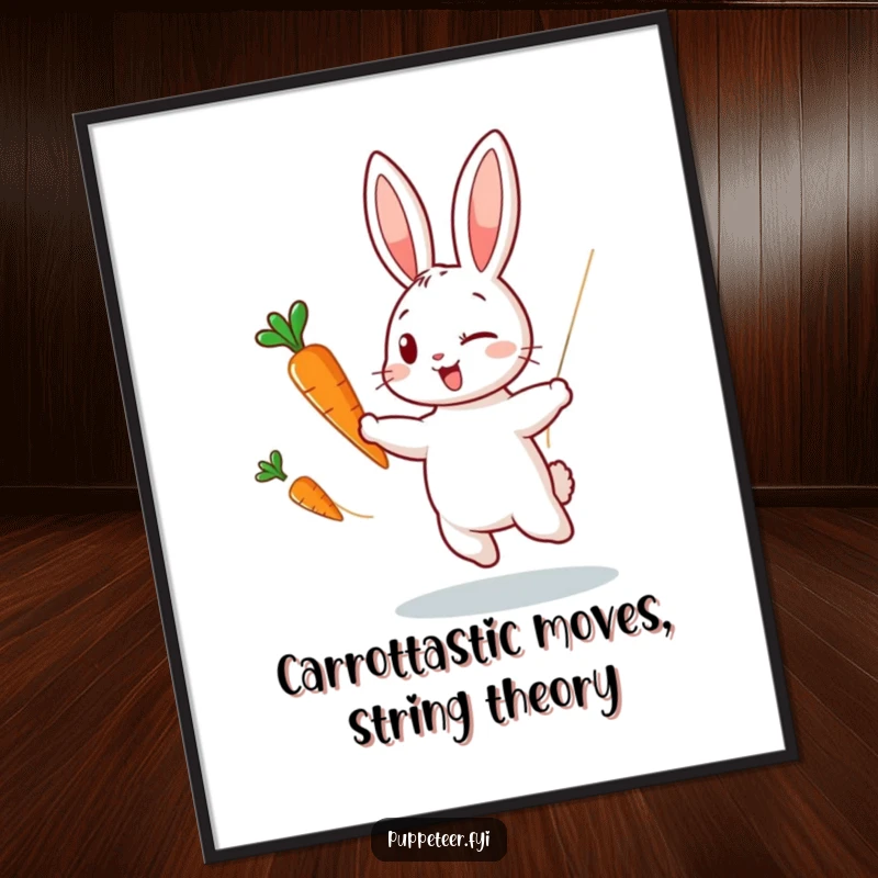 Funny Free Printable Wall Art: Winking rabbit controlling a carrot puppet's dance, a whimsical and amusing piece.