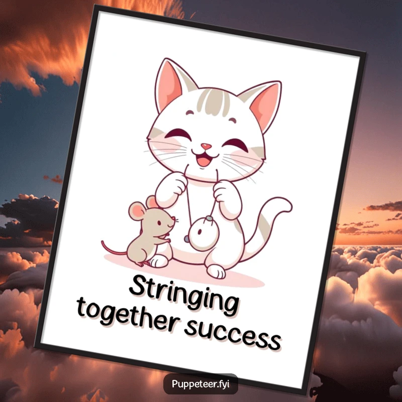 Funny Free Printable Wall Art: A happy cat skillfully manipulates strings, making a small mouse toy jump with playful energy.