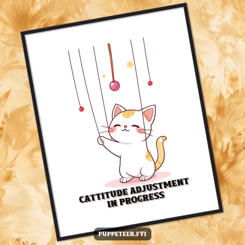 Funny free printable wall art of a cute kawaii cat batting energetically at unseen puppet strings dangling in the air, full of mischief.