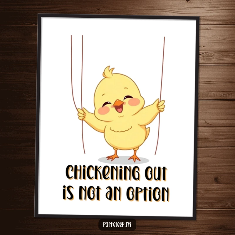 Funny Free Printable Wall Art: Giggling chick enthusiastically wiggles puppet strings for a small audience.