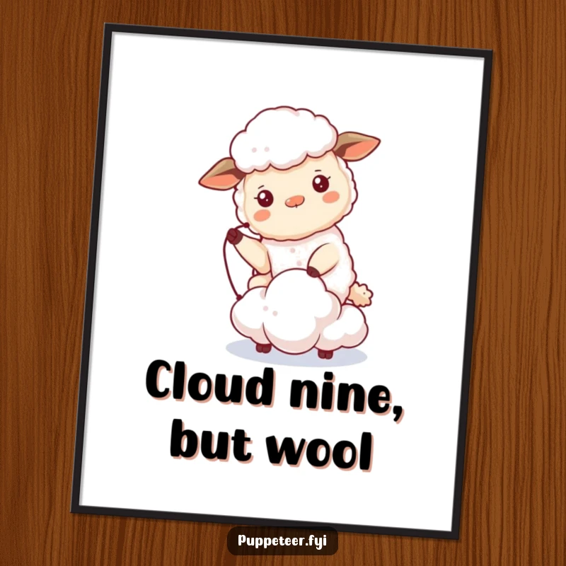 Funny Free Printable Sheep Wall Art: Beaming sheep controls a tiny cloud puppet, creating a dreamy atmosphere.