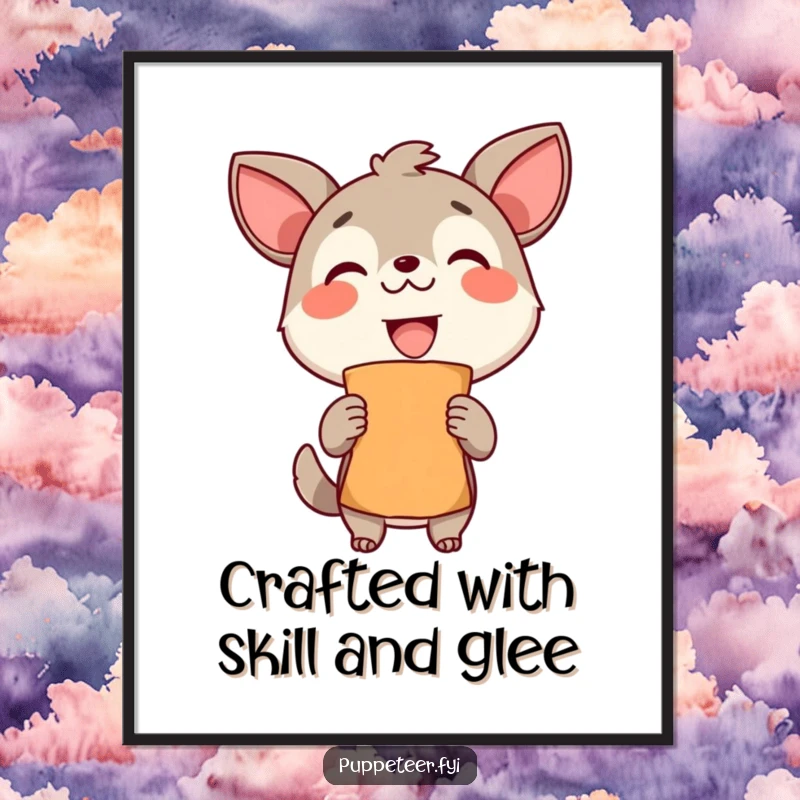 Funny Free Printable Wall Art: Proud animal grins, proudly displaying a handmade puppet creation on your wall.