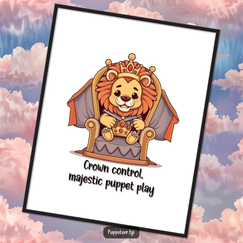 Funny Free Printable Wall Art: Proud lion puppet master on throne directing a tiny crown puppet, majestic and amusing.