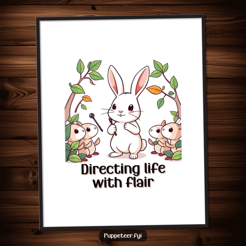 Funny Free Printable Wall Art: A determined rabbit character directing a troupe of leaf puppets with a tiny baton.
