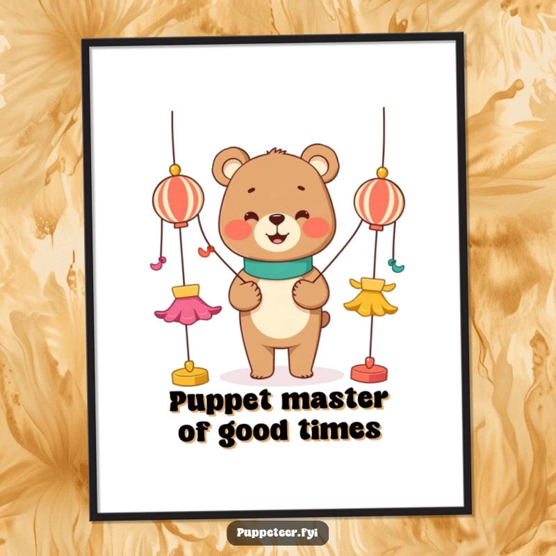 Funny Free Printable Wall Art of a smiling bear manipulating strings to make puppets dance, adding humor to any space.