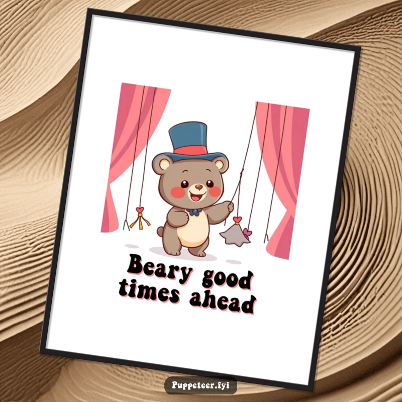 Free Printable Bear Wall Art: A happy bear cub wearing a top hat, pulling dancing string puppets from its paws, funny downloadable decor.