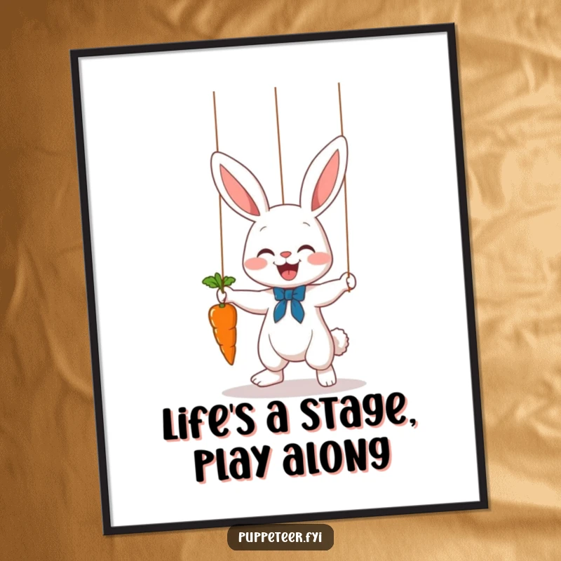 Funny Free Printable Wall Art: A cute bunny puppet master joyfully makes a carrot dance on a string, bringing whimsical energy to the room.