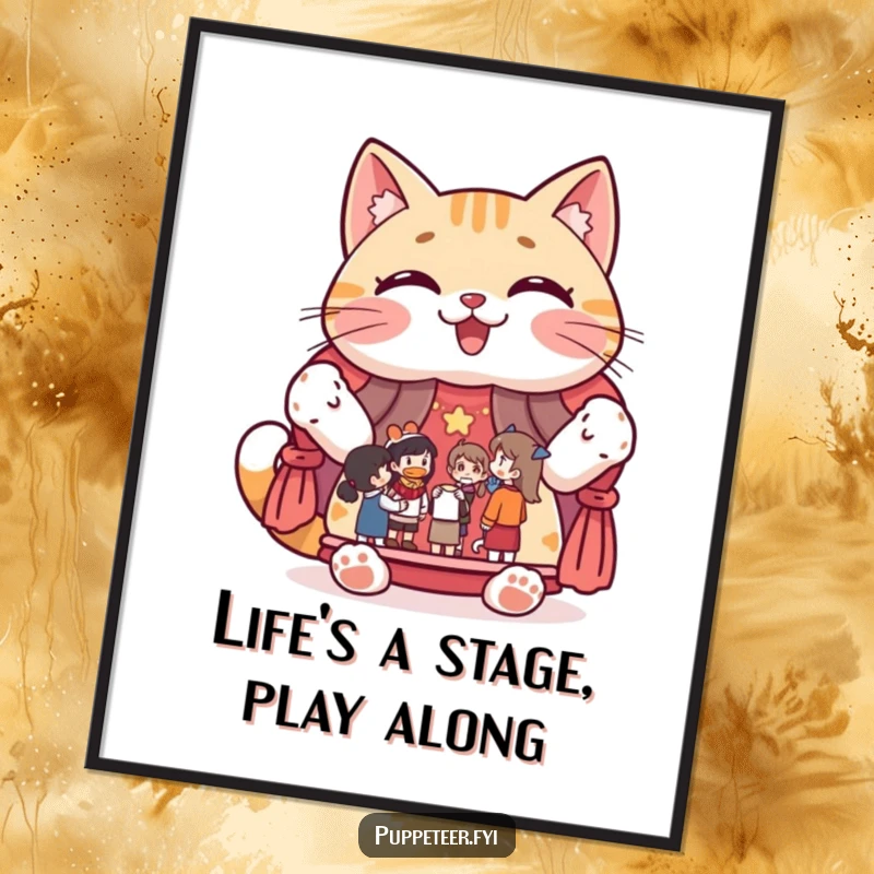 Funny Free Printable Wall Art of a giggling cat proudly displaying a puppet show stage, adding whimsical humor to any room.