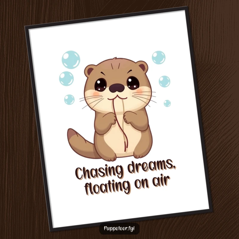 Funny free printable wall art: a curious otter with wide eyes holding strings attached to floating bubbles.