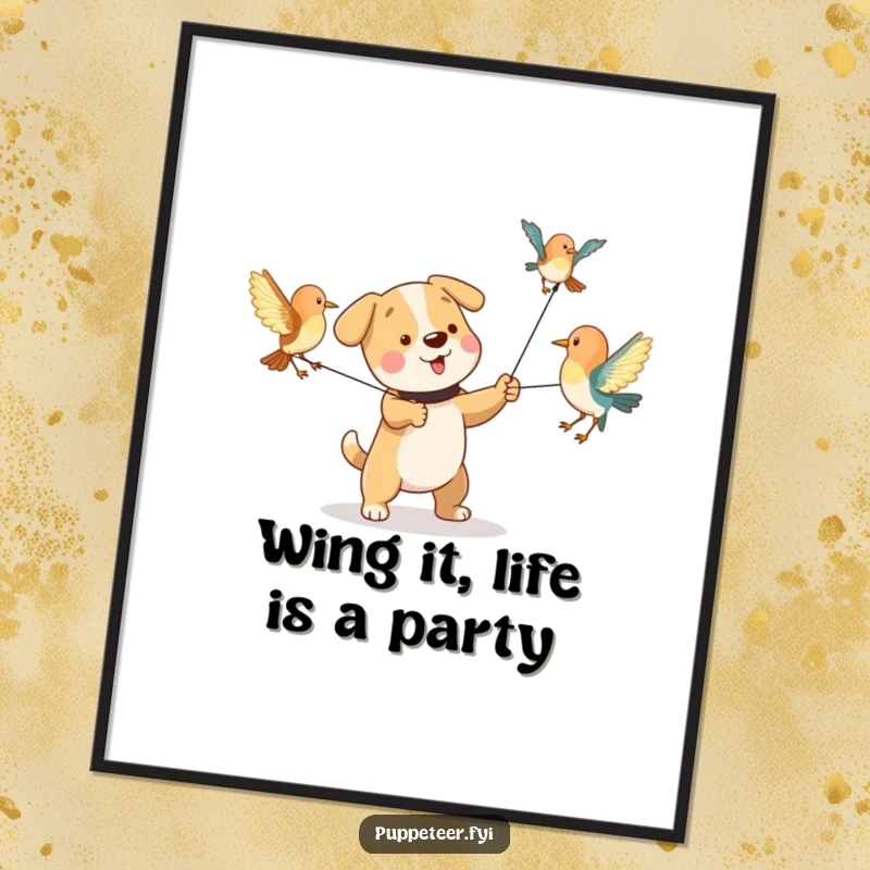 Funny Free Printable Wall Art of a playful dog making bird puppets flap their wings, adding humorous charm to decor.
