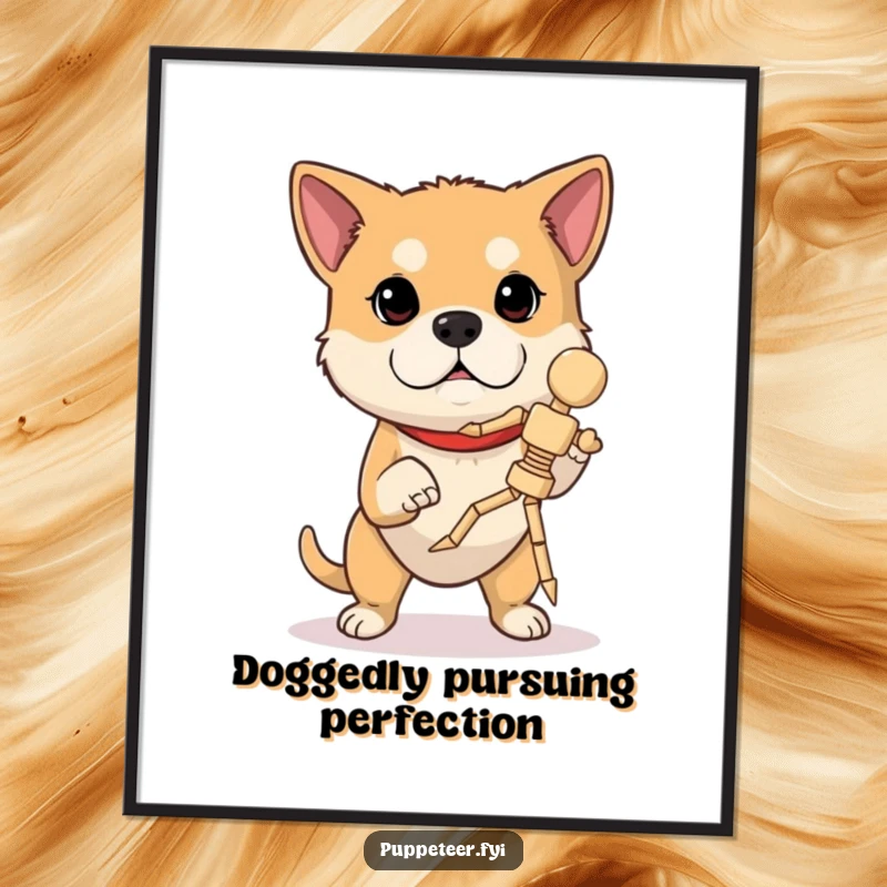 Funny Free Printable Wall Art: Determined dog concentrates intensely, making a wooden marionette perform a jump.