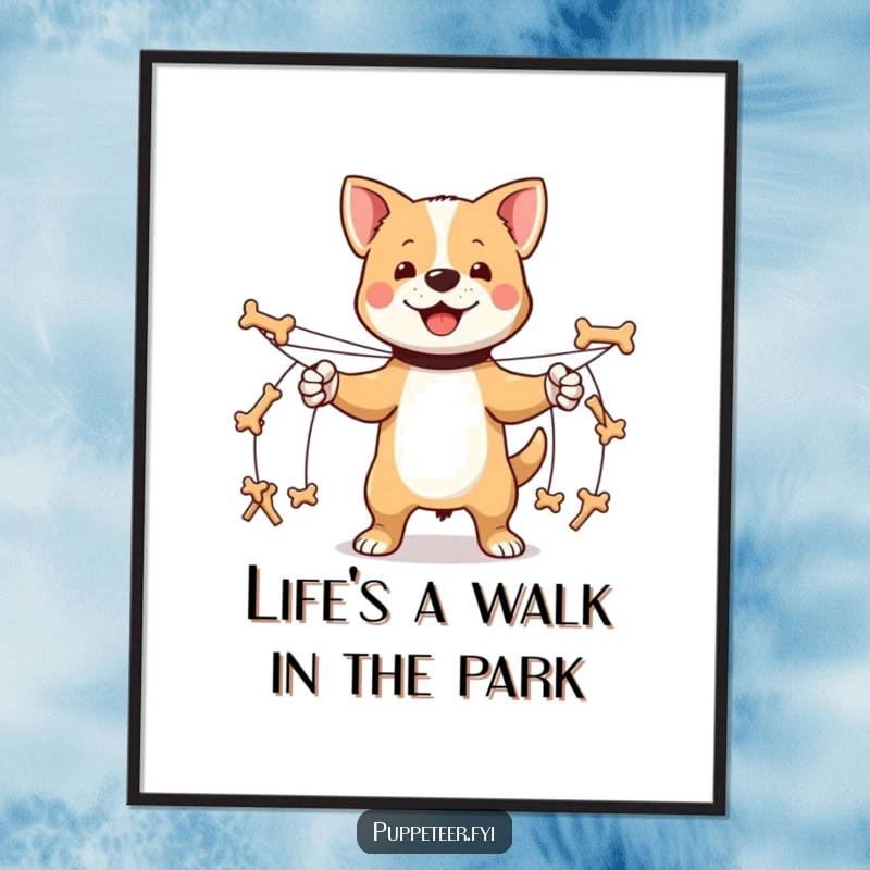 Funny Free Printable Wall Art: A proud dog commands tiny bone-shaped puppets on strings, creating a charming and playful scene on your wall.