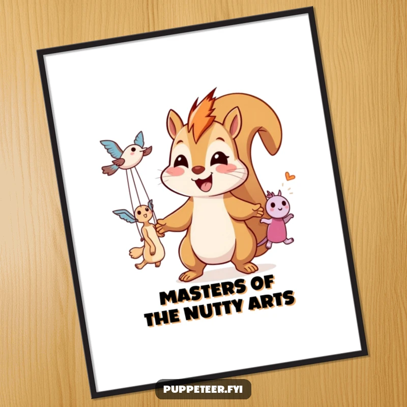 Funny Free Printable Wall Art: A giggling squirrel with a huge smile gleefully controls two floating puppets, adding whimsical art to any room.
