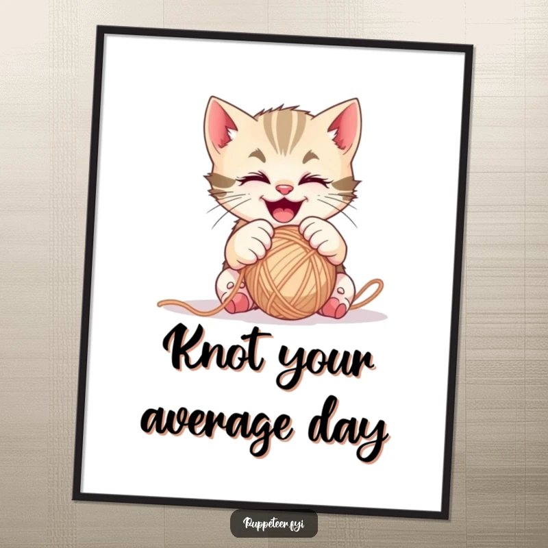 Funny Free Printable Wall Art: A mischievous kitten gleefully controls a yarn ball with its paws, creating a scene of playful chaos.
