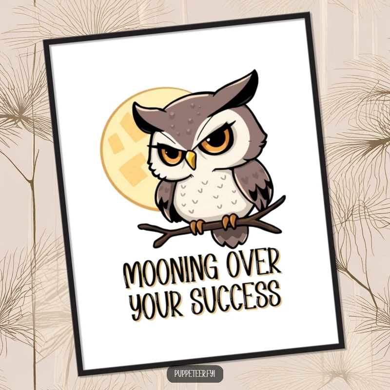 Funny Free Printable Wall Art: A sly owl with a knowing gaze directs a magical hovering moon.