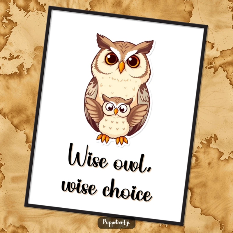 Funny Free Printable Owl Wall Art: Contented owl watches puppet flap, creating a humorous and charming scene.