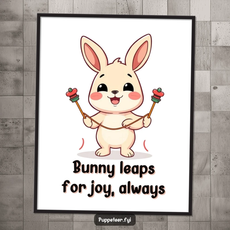 Funny Free Printable Wall Art of a delighted rabbit guiding string puppets, adding a playful and humorous touch to decor.