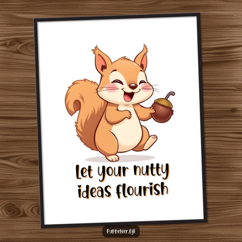 Funny free printable wall art: a giggling squirrel adorably making a nut puppet dance, bringing cheerful and playful energy.