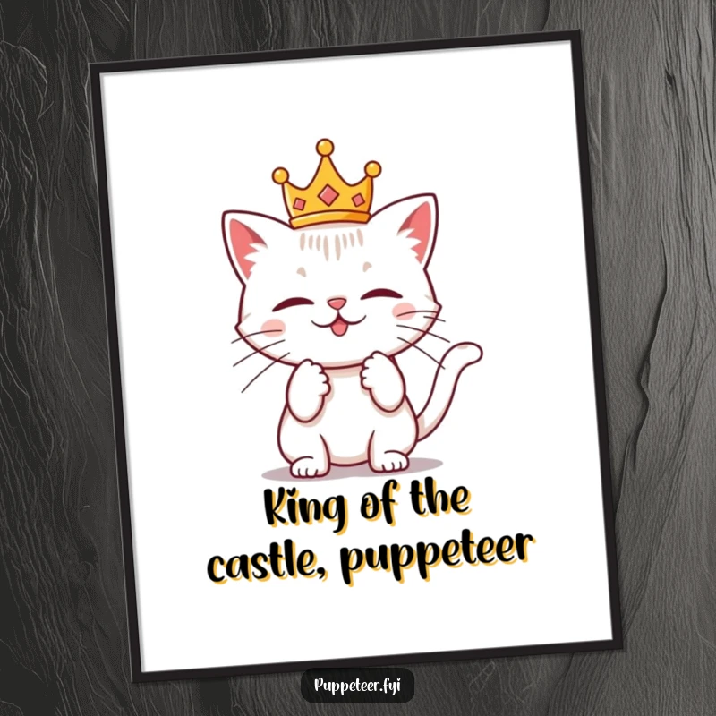 Funny Free Printable Wall Art: Mischievous cat in a crown tugs invisible strings, a humorous and commanding piece.