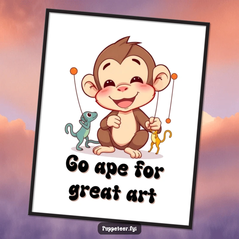 Funny Free Printable Wall Art: A delighted monkey concentrates on the complex movements of its puppets, showcasing masterful control and playful artistry.